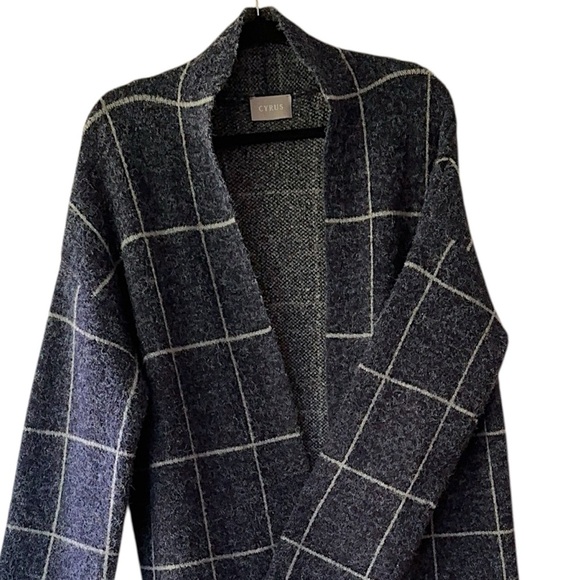 CYRUS | NWOT WINDOWPANE OPEN FRONT LONG SWEATER COAT NAVY BLUE & GRAY | LARGE - Picture 2 of 10